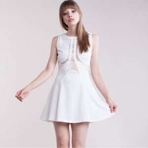 White Mini Skater Dress with Lace mesh  Accents